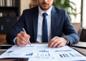 cropped view of businessman working with papers at table in modern office photo