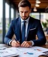 businessman writing in notebook at workplace in office, focus on hand photo