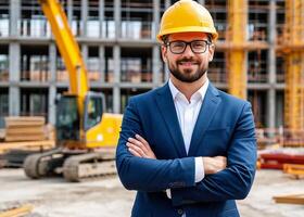 portrait of smiling architect in helmet with crossed arms on construction site photo