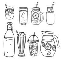 Non alcoholic Cold Drinks Set. Hand drawn illustration in Doodle style isolated on white background. Lemonade, Water, Soda, Milkshake, Ice tea, Smoothie. For restaurant menus and graphic design vector