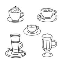 Coffee Set. Cappuccino, Americano or Espresso, with whipped Cream, Latte, Irish or Iced Coffee cocktail cups. Ink drawing in Doodle style. Ideal for beverage branding, cafe menu and graphic design vector