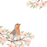 Spring square Frame with Bird and Blossoming Branch with Peach or Cherry Flowers. Hand drawn watercolor illustration on a white background. Ideal for nature, greeting cards and bird Day designs. vector
