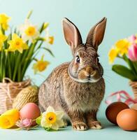 A gray-brown rabbit sits on a surface surrounded by colorful Easter eggs and spring flowers photo