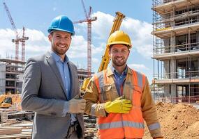 Portrait of two smiling construction workers on a building site with crane photo