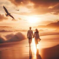Couple walking on the beach at sunset photo