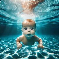 A baby under water in a pool photo