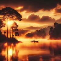 A boat on a lake at sunset with trees and a mountain in the background photo