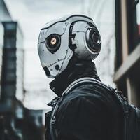 A person wearing a helmet with a robot head photo