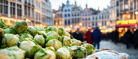A bunch of cabbage is sitting on a table in front of a city photo