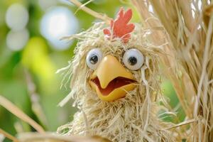 A stuffed chicken with a big head and a big beak photo
