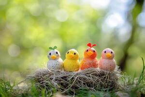 Four colorful eggs sitting on top of a nest photo