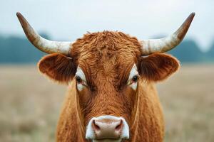 A close up of a cow with horns in a field photo