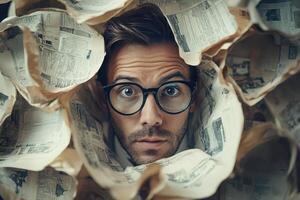 A man with glasses and a beard is peeking out from a pile of newspapers photo