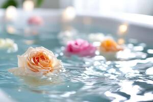 Rose petals floating in a bathtub photo