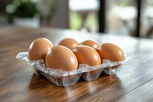 Six eggs in a plastic container on a wooden table photo