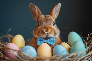A brown rabbit with a bow tie sitting in a nest with colorful eggs photo