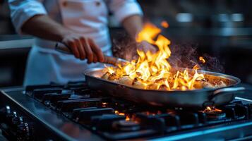 A chef is cooking food on a stove with flames photo