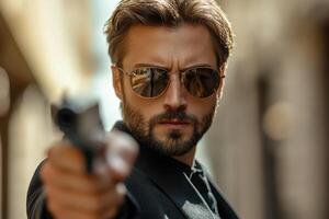 A man with a beard and sunglasses pointing a gun photo