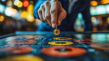 A person is holding a coin on a table photo