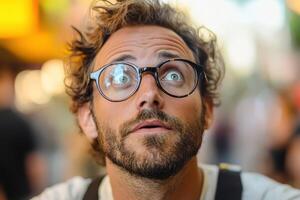 A man with glasses on looking up at the camera photo