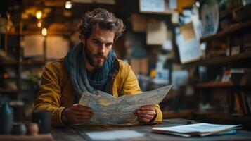 Man looking at map while sitting at table photo