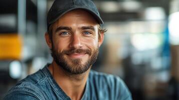 A man with a beard and a cap is smiling photo