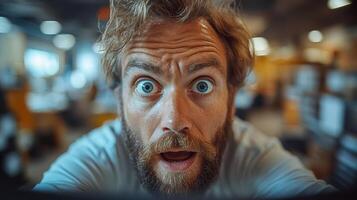A man with a beard and blue eyes is looking at the camera photo