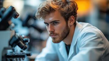 A man in a lab coat looking at a microscope photo