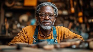 An older man with glasses and a beard sitting in front of a table with tools photo
