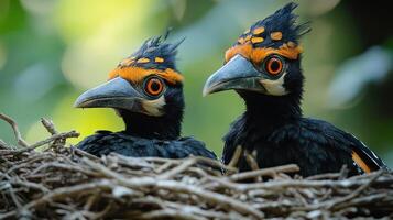 Two birds are sitting in a nest with a tree in the background photo