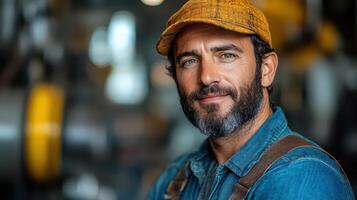 A man with a beard and hat is standing in front of a machine photo