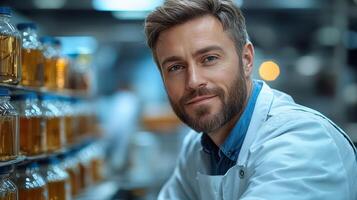 A man in a lab coat is standing in front of a shelf of bottles photo