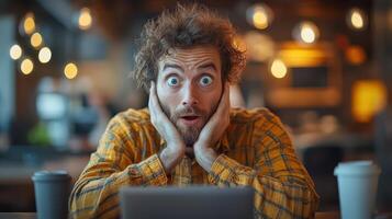 A man is looking surprised while using a laptop photo