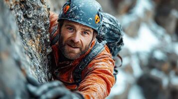 A man is climbing on a mountain with his hands on the rock photo