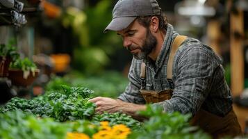 A man in a hat and overalls is working on plants photo