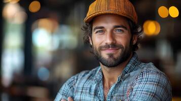 A man with a beard and hat is smiling photo