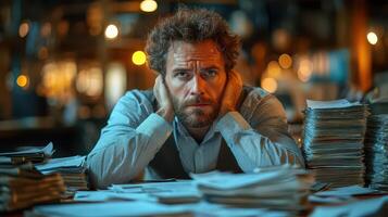 A man sitting at a desk with a stack of papers photo