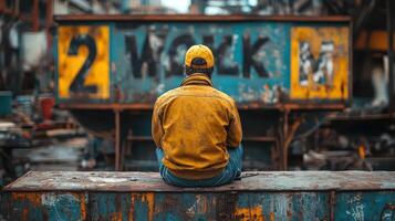 A man sitting on a bench in front of a factory photo