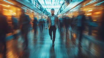 Man walking in a busy train station with people in the background photo