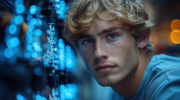 A young man looking at the camera in front of a computer photo