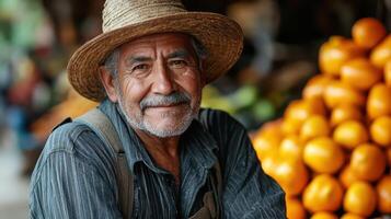 A man wearing a hat and smiling in front of oranges photo