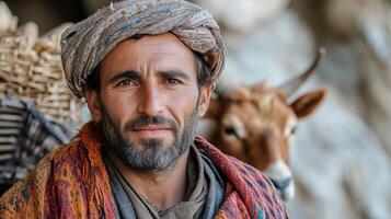 A man with a turban and a goat in the background photo
