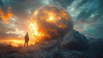A man stands in front of a large ball of fire photo