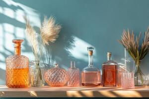 A shelf with various glass bottles and plants photo