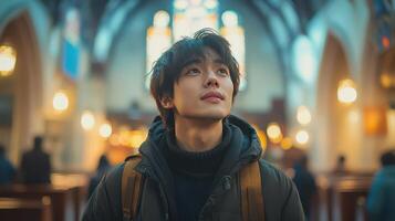 A man in a church looking up at the sky photo