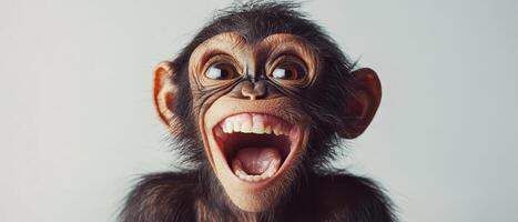A chimpanzee with its mouth open and its teeth showing photo