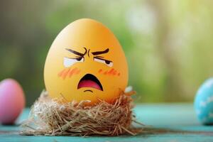 An angry egg sitting in a nest with other eggs photo