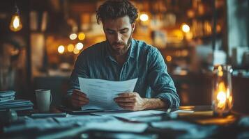 Man reading a document at a desk photo