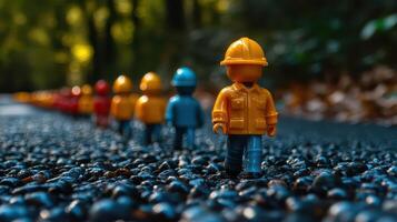 A group of toy people in yellow hard hats are walking on a road photo