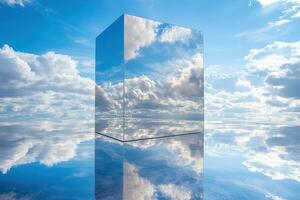A cube with clouds reflected in it photo